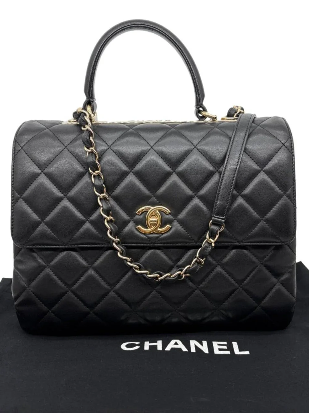 Chanel Trendy CC Top Handle Flap Quilted Leather Shoulder Bag Black